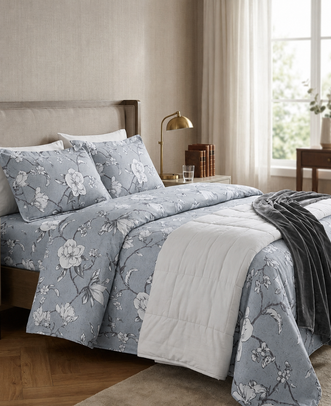 Nordic Blue Floral Premium Bedsheet