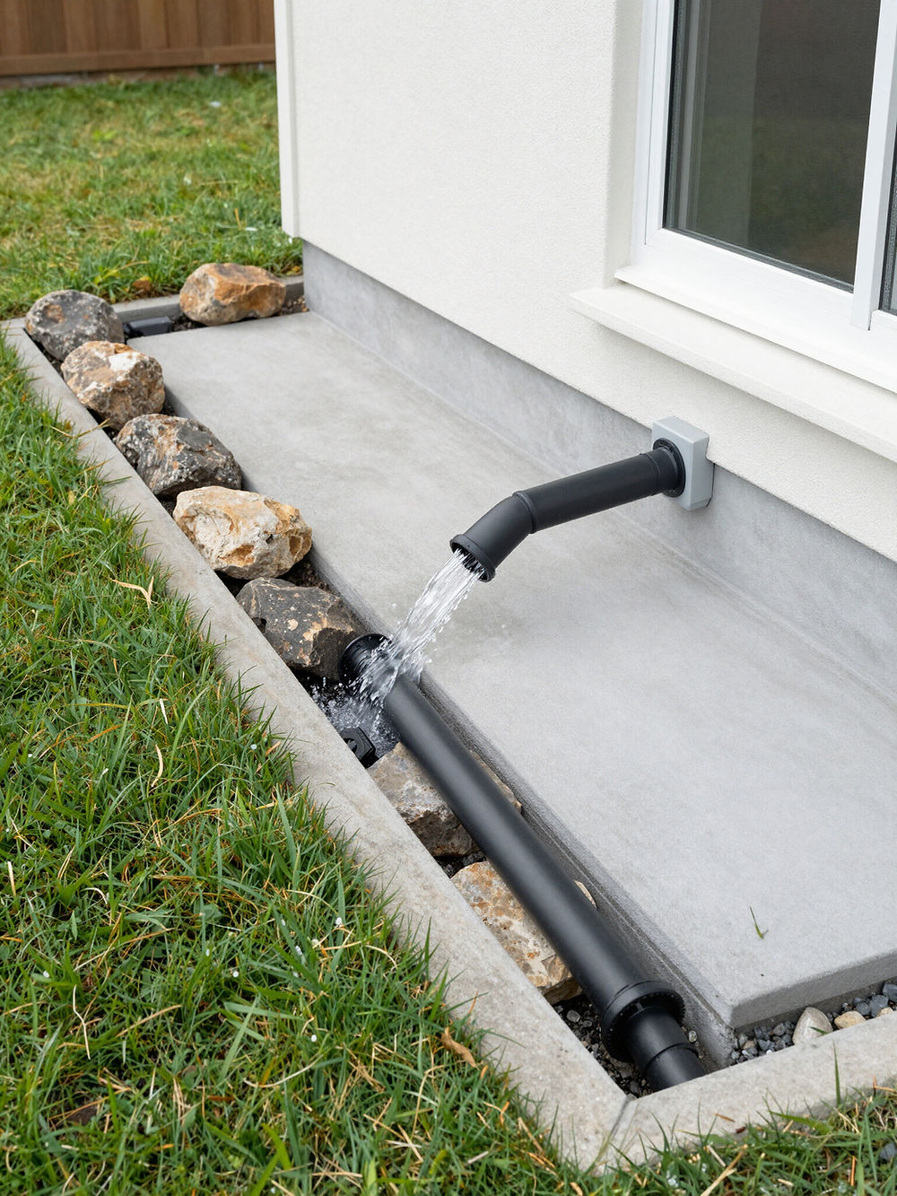 Drain installation system being installed to redirect water and prevent crawl space or basement moisture damage