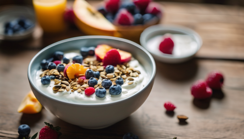 Bowl of fresh fruit, berries and yoghurt for a gut-friendly morning breakfast