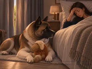 Mami liegt in einem abgedunkelten Zimmer im Bett und hält sich die Stirn vor Kopfschmerzen, während Boo, mit ClaireBear als Verstärkung zwischen den Pfoten, daneben liegt und über sie wacht.