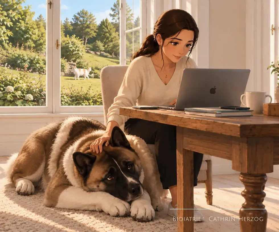 Boo liegt entspannt neben Mami, die am Schreibtisch an ihrem Notebook sitzt und Boo dabei über den Kopf streichelt.