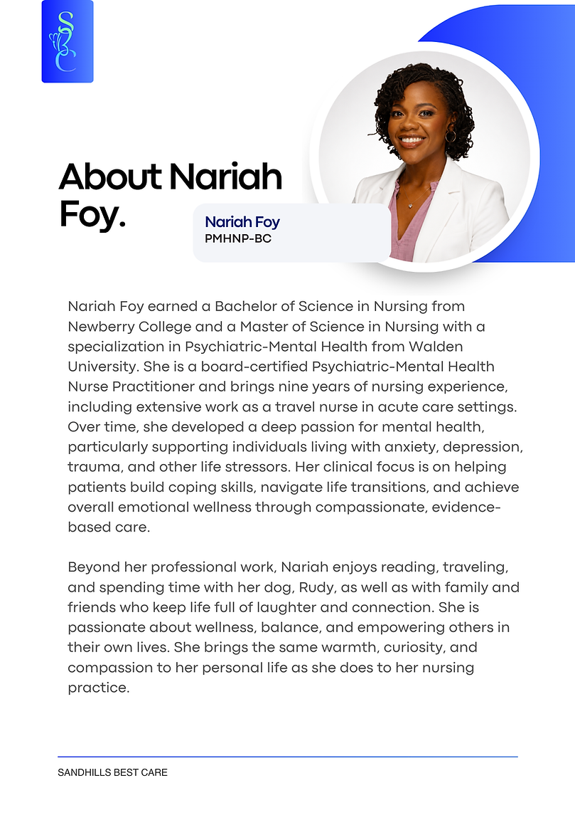 Nariah Foy, PMHNP-BC, providing compassionate psychiatric care at Sandhills Best Care.