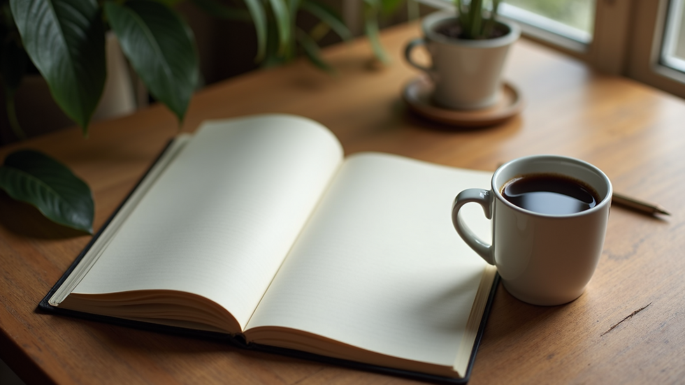 High angle view of a open notebook with a cup of coffee