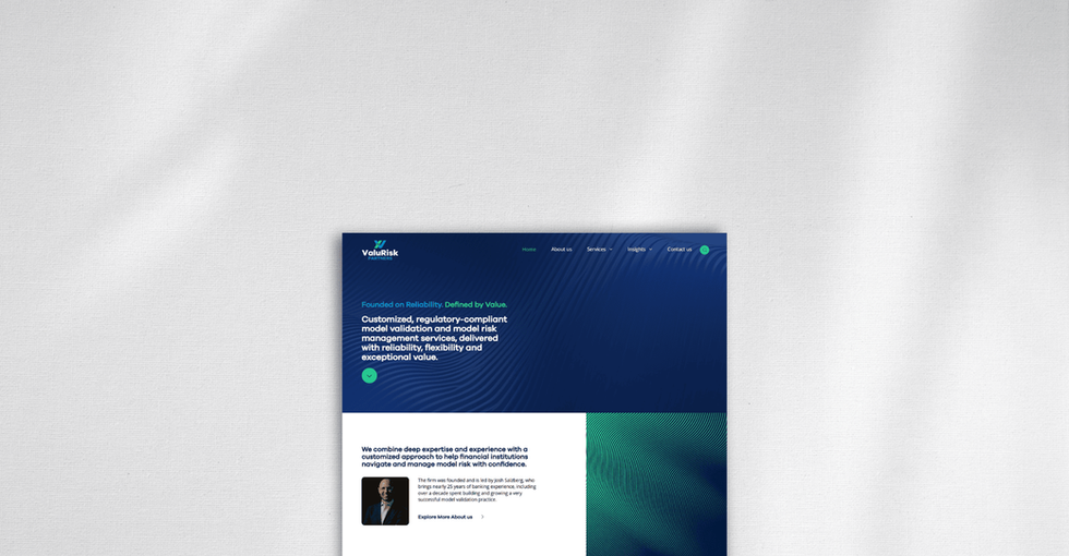 ValuRisk Partners homepage layout on a clean background, highlighting the firm’s brand identity and website design crafted by Craft & Slate.