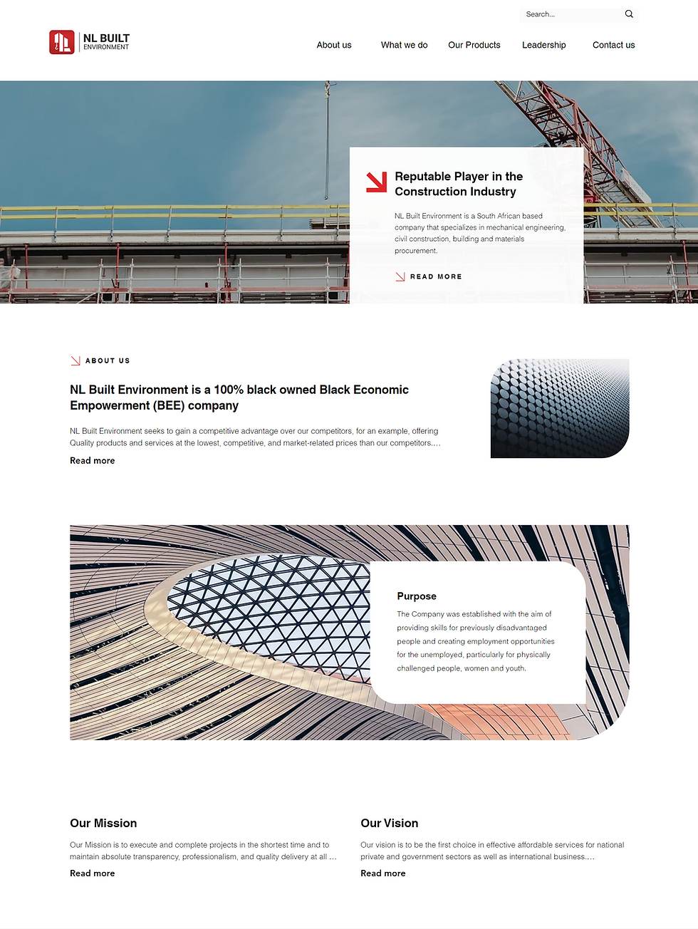 Website showcasing NL Built Environment features sections on construction, mission, and vision. Includes text on diversity and empowerment.