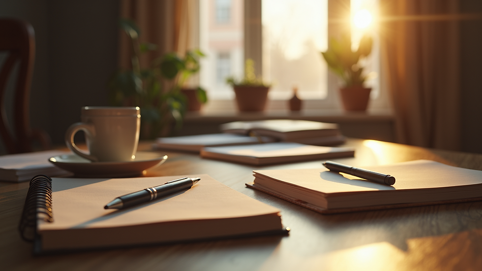 Eye-level view of a cozy workspace with notebooks and a warm light