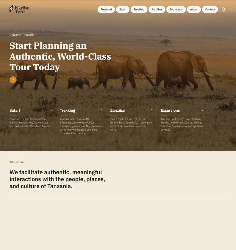 Mockup of the Karibu Tena Tours website homepage featuring immersive safari photography, elegant typography, and a clean, modern travel-focused layout.