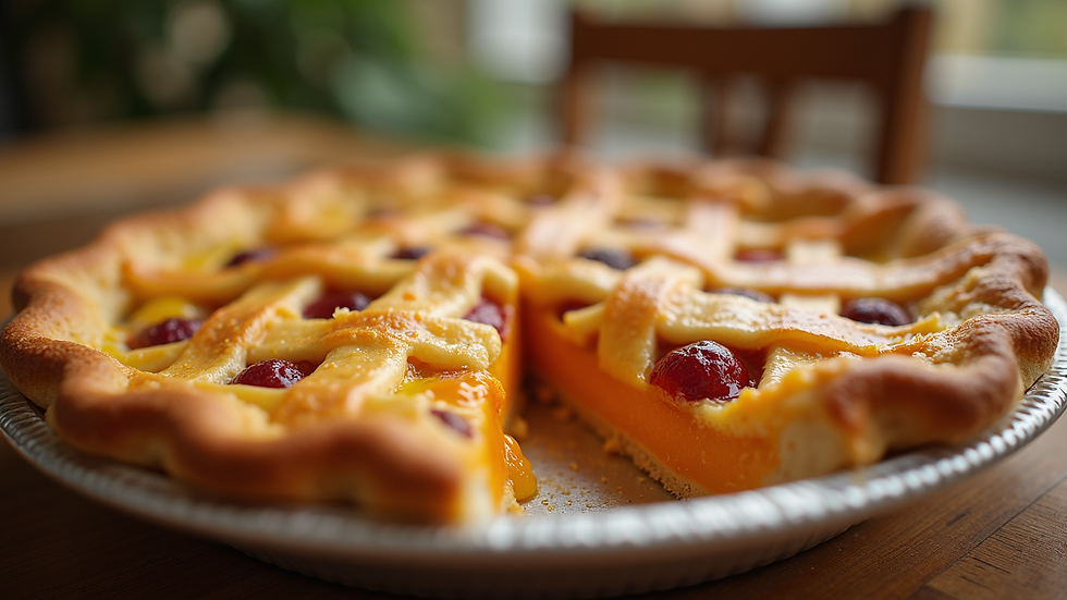 Close-up view of a colorful, freshly baked pie
