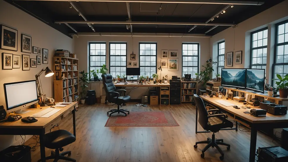 Wide angle view of a bustling creative studio