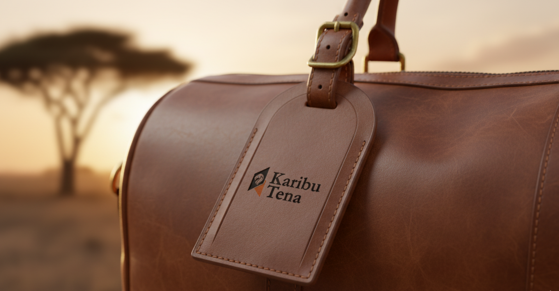 Karibu Tena Tours branded travel gear including a leather duffel bag, stainless steel bottle, mug, polo shirt, cap, and vehicle door branding.
