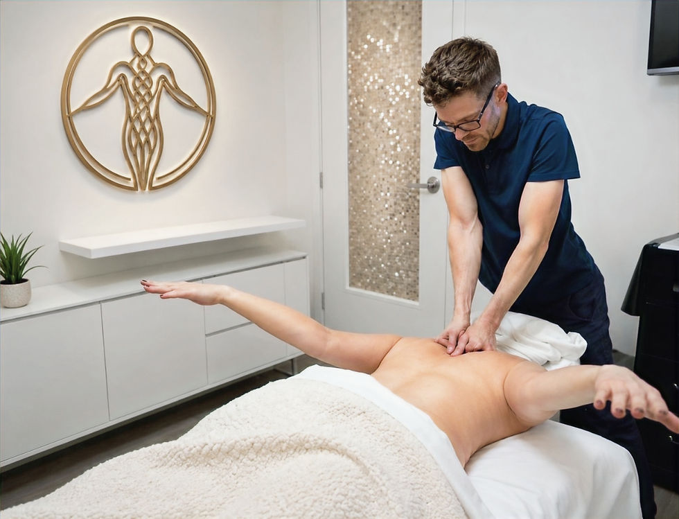Person relaxing in a minimalist wellness studio with soft ambient lighting and organic textures