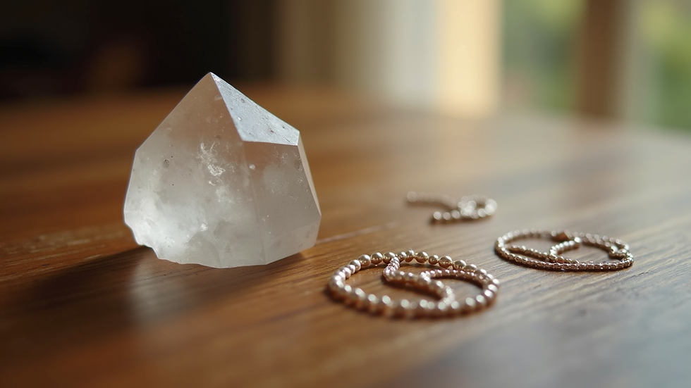 Close-up view of a crystal and Reiki symbols on a wooden table
