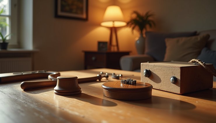 Eye-level view of sound therapy instruments arranged for a healing session