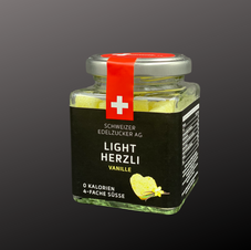 ALPS SWISS AG - Schweizer Edelzucker LIGHT 4 HERZLI, Erythrit mit 4-facher Süsskraft und Vanille Geschmack, kleine Herzchen im 75g Glas