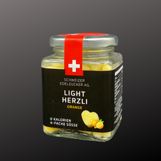 ALPS SWISS AG - Schweizer Edelzucker LIGHT 4 HERZLI, Erythrit mit 4-facher Süsskraft und Orangen Geschmack, kleine Herzchen im 75g Glas