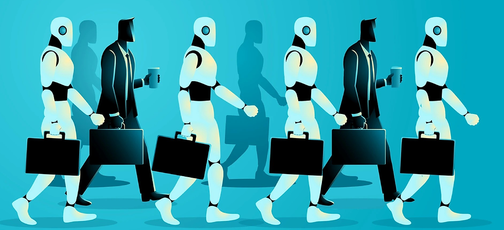 An illustration that shows people and robots going to work with briefcase and coffee cups in their hands.