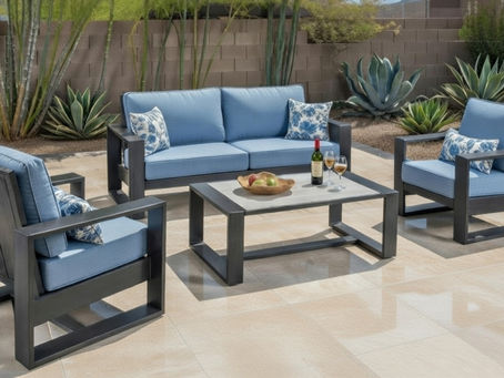 Faded outdoor cushions in Arizona backyard