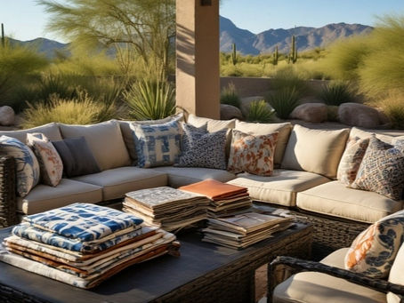 A bright, inviting outdoor patio scene in Arizona with a beautifully furnished seating area featuring custom cushions with mixed pattern accent pillows. In the foreground, display fabric sample books of Sunbrella and Outdura materials.