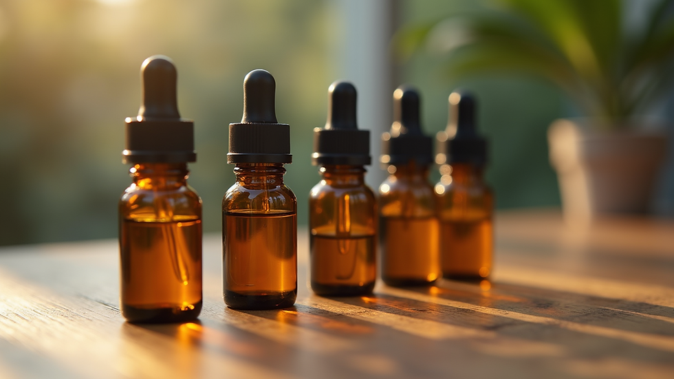 Close-up view of essential oil bottles arranged on a wooden surface