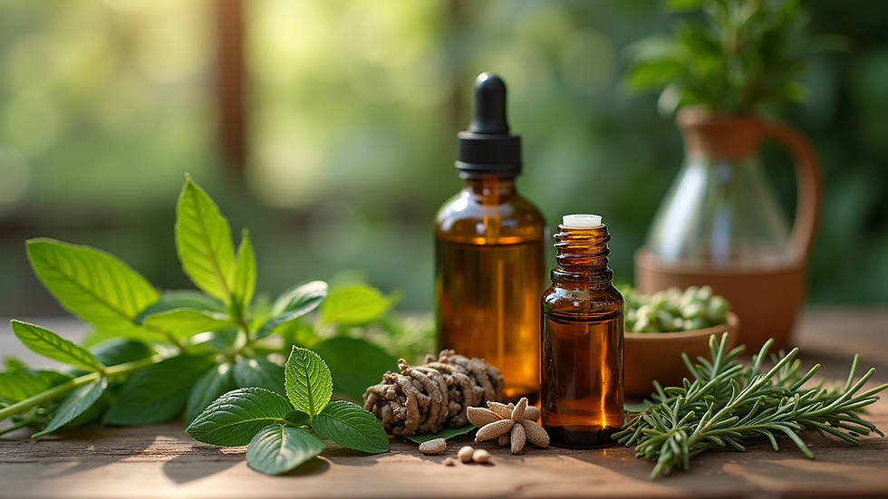 Close-up view of fresh herbs and essential oils on a wooden table