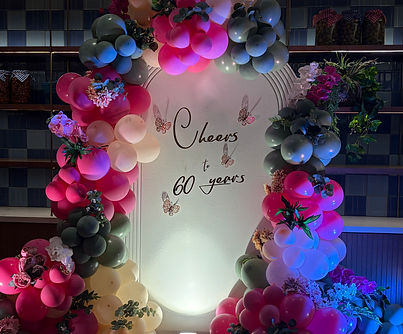 Elegant 60th birthday floral and balloon decoration at JW Marriott Goa