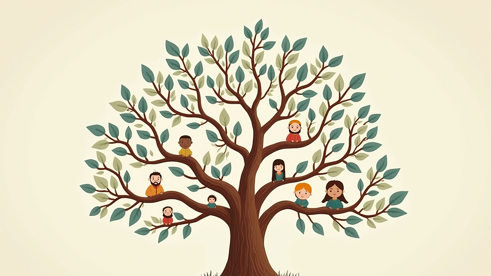 Close-up view of a family tree illustration with branches representing different family members