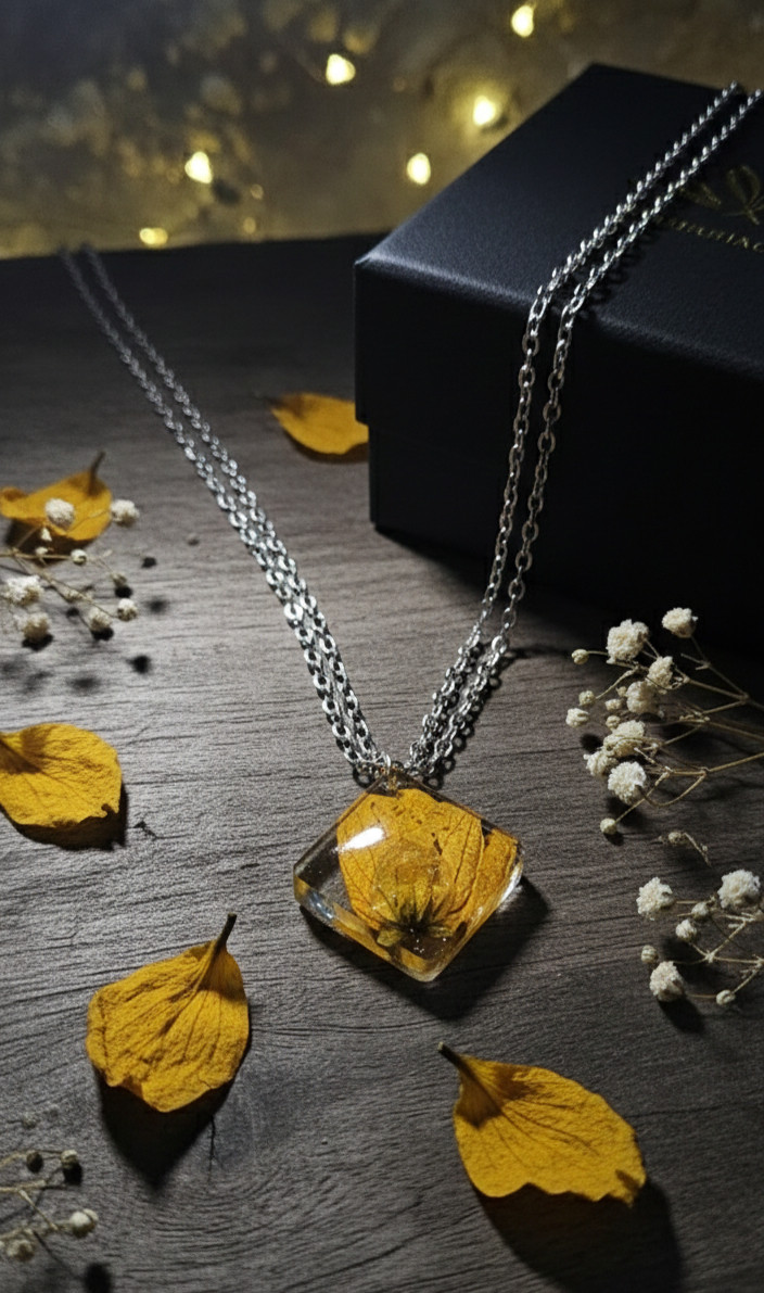 Golden Amaltas Necklace flat lay with pendant and dried flowers - Just Himachal Things