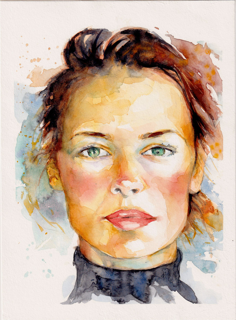Watercolor portrait of a woman with short hair.