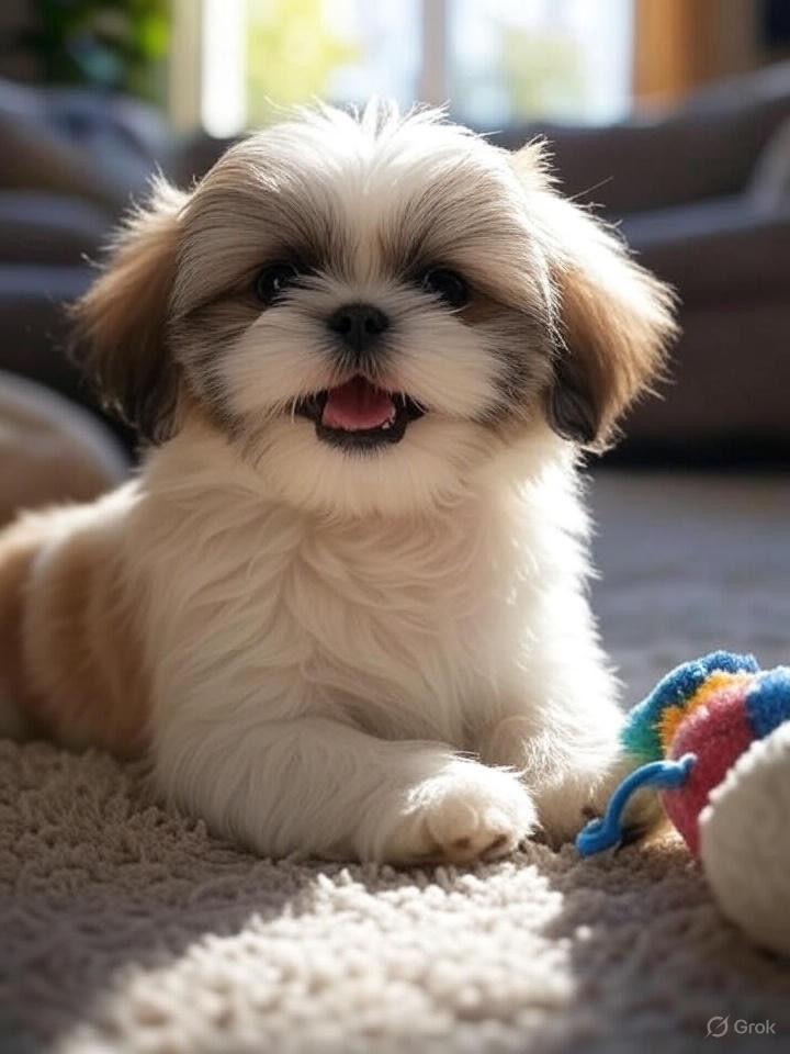 Shih Tzu puppy happy in his new home