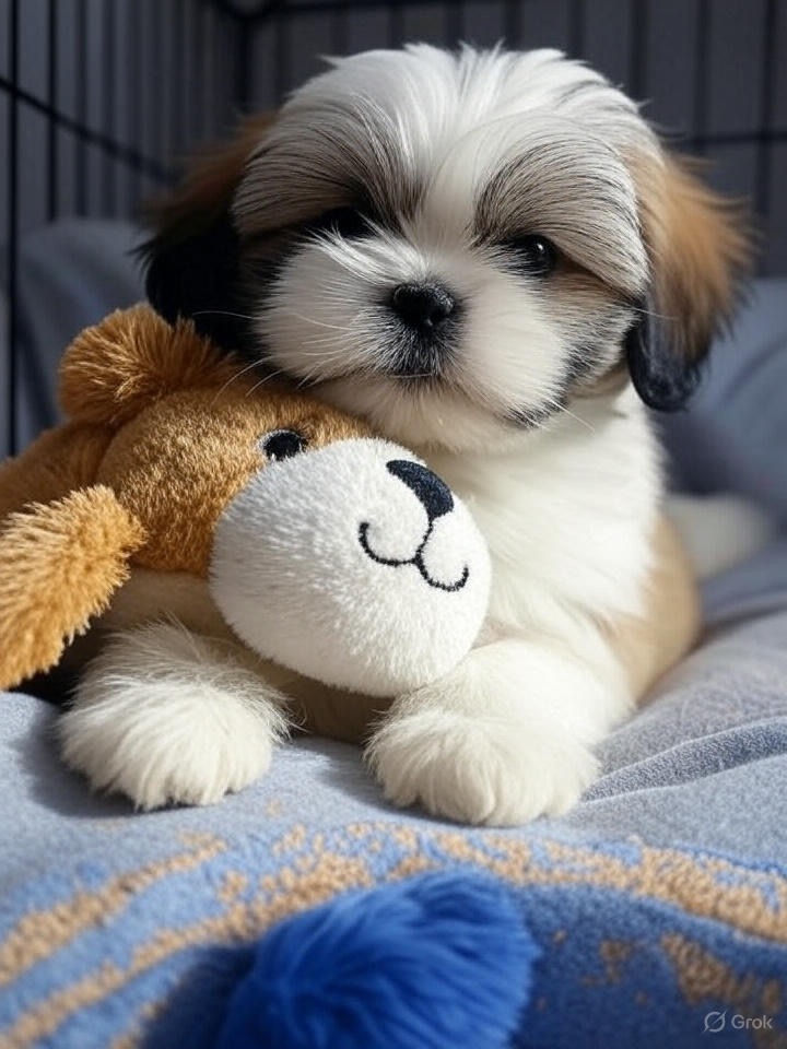 Shih Tzu puppy snuggling with Snuggle Puppy toy in a cozy MidWest Homes for Pets iCrate
