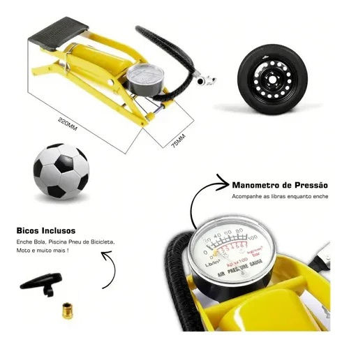 Miniatura: Bomba De Ar Pedal Com Manômetro Bicicleta Moto Carro Pressão