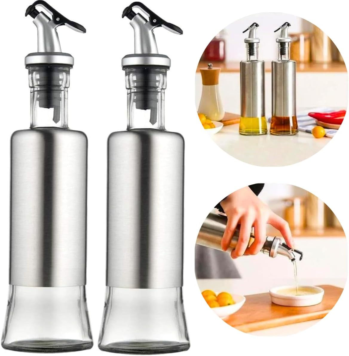 Kit 2 Galheteiros Porta Azeite Vinagre Vidro Inox Com Bico Dosador