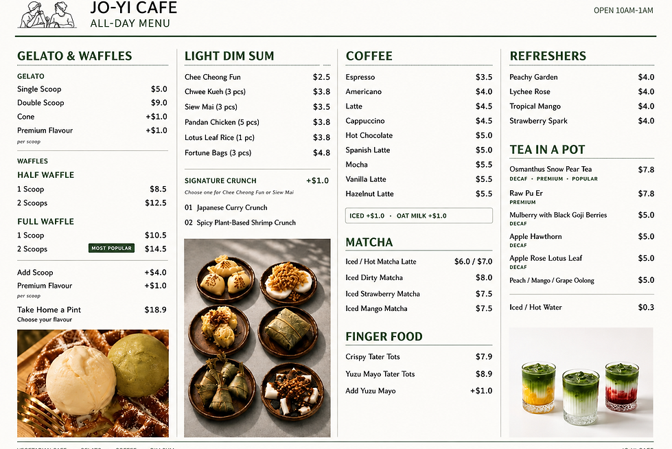 jo-yi cafe sg menu gelato and waffles and coffee and matcha