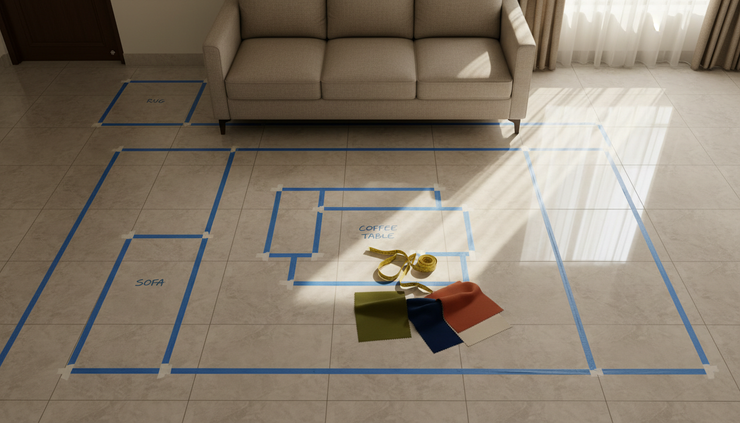 Top-down view of furniture layout markings on a living room floor with a sofa and table nearby