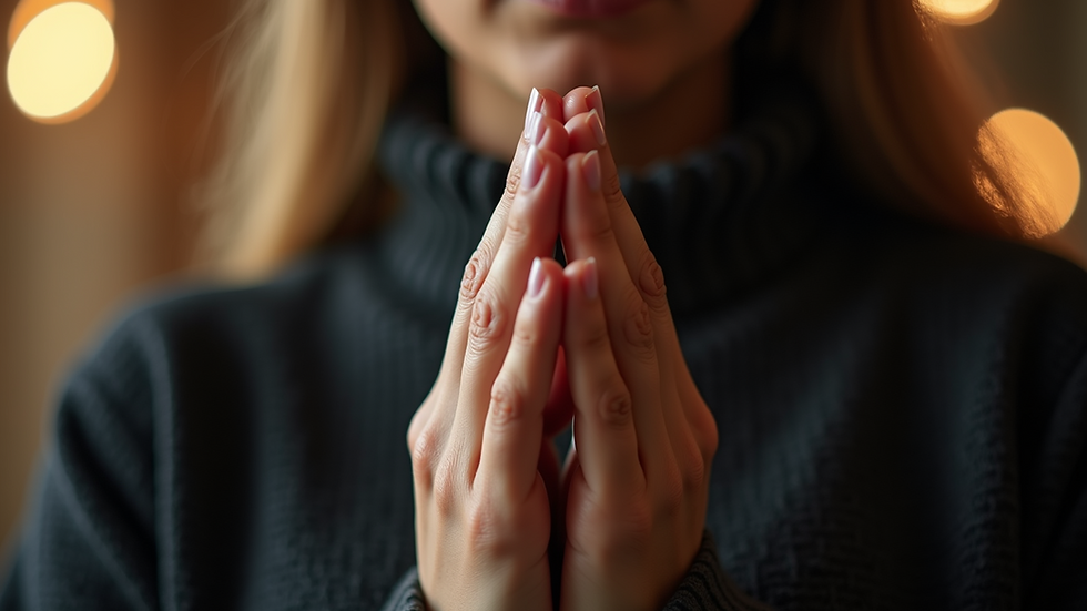 Close-up view of hands clasped in prayer
