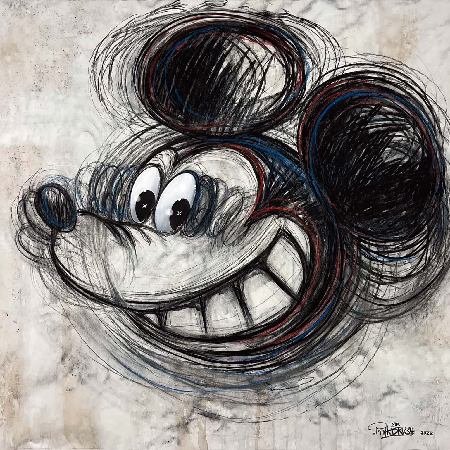 Contemporary art painting ‘Smile’ by Mr. Pinkbrush features an abstract depiction of Mickey Mouse with bold lines.
