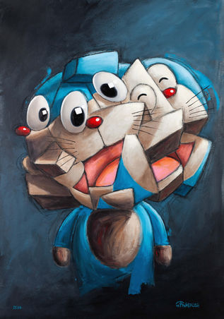 Blue Cat – Fragmented Cubism painting by Mr. Pinkbrush inspired by Doraemon, depicting a blue cartoon cat fragmented into multiple overlapping faces with large expressive eyes against a dark textured background.