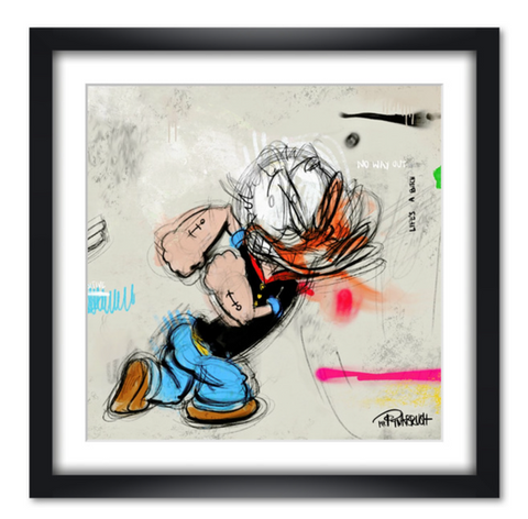 Fine art print by Mr. Pinkbrush featuring a dynamic fusion of Popeye and Donald Duck, blending expressive sketch lines with bold colors for a striking, energetic composition.