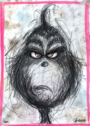 Pop-art painting of The Grinch with bold lines and X-shaped colorful eyes by Mr. Pinkbrush.