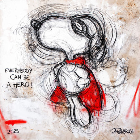 Everybody Can Be a Hero painting by Mr. Pinkbrush – expressive monochrome cartoon-inspired figure with red cape and dynamic sketch lines