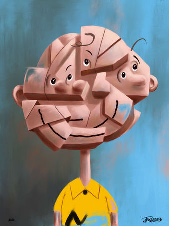 Fragmented Cubism oil painting “Charlie” by Mr. Pinkbrush, inspired by Charlie Brown, showing multiple emotional states in a single face