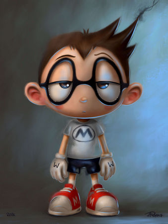 MEXOMIAS, original oil painting on canvas by Mr. Pinkbrush, featuring the character MEXOMIAS standing in a grey shirt, black mask, white gloves and oversized red sneakers against a dark blue background.