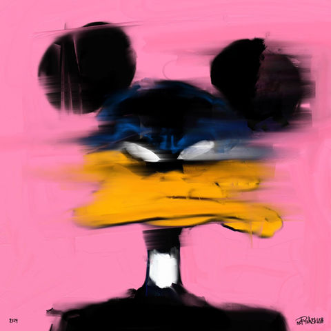 batcatmouse by Mr. Pinkbrush – contemporary figurative composition featuring a blurred hybrid character with rounded ears set against a pink background.