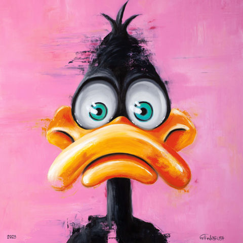 Daffy Duck by Looney Tunes with large teal eyes on pink background, painted in bold contemporary art style by Mr. Pinkbrush.
