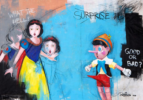 Pinocchio and the Snow White: Discover a playful fusion of iconic characters in vibrant cartoon-inspired fine art.