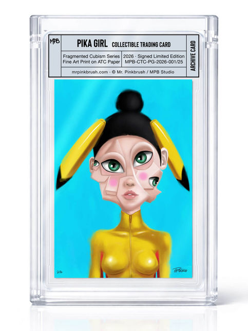 Pika Girl Collectible Trading Card by Mr. Pinkbrush, Fragmented Cubism Art inspired by Pikachu Pokémon, signed limited edition fine art print ATC card in acrylic slab case
