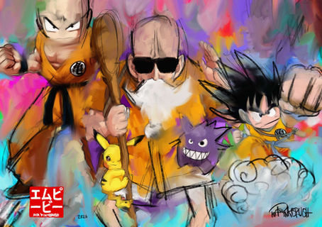Contemporary Dragon Ball–inspired painting by Mr. Pinkbrush featuring Goku, Master Roshi, Pikachu and a playful villain figure, rendered with expressive sketch lines, vibrant colors and dynamic pop-art energy, 2026.