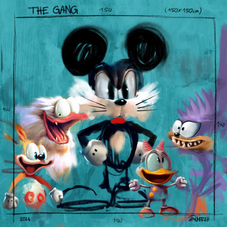 “The Gang” is a contemporary figurative pop art painting by Mr. Pinkbrush, featuring iconic cartoon characters reinterpreted in a raw, expressive sketch style. Set against a turquoise background, the central mouse-like figure is surrounded by exaggerated, playful characters, blending nostalgic pop culture with fragmented lines, dynamic energy, and contemporary painterly textures.
