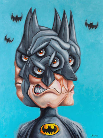Fragmented contemporary painting of Batman featuring multiple overlapping facial layers, expressive distortions, and a deconstructed mask. The composition blends cartoon iconography with psychological depth, showing fractured identity beneath the Batman persona.