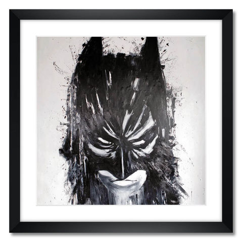 Fine art print by Mr. Pinkbrush featuring a gritty black-and-white portrait of Batman with bold brushstrokes, capturing an intense and dramatic expression.